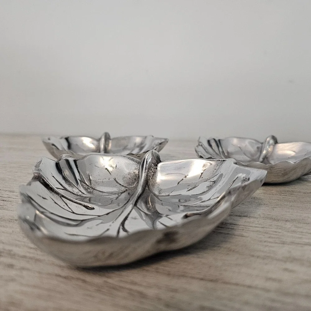 (X3) Leaf Design Trays Antique Silver Plated Decor Trinket Coin‎ Ring